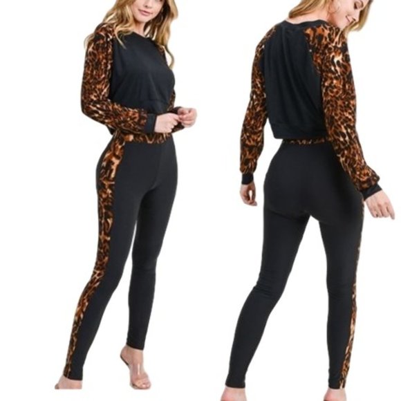 Set Top Leggings  Print Leopard Black New - Picture 4 of 4